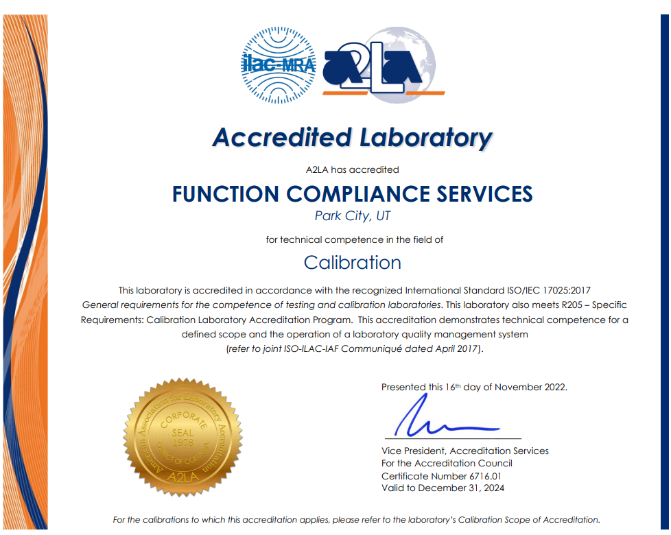 Signed Accredited Laboratory certification for Function Compliance Services